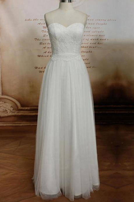 Luxurious White Sweetheart A-line Tulle Wedding Dress, Elegant Lace Appliques Floor Length Bridal Gown, Princess Long Satin Wedding Dress, #00020608