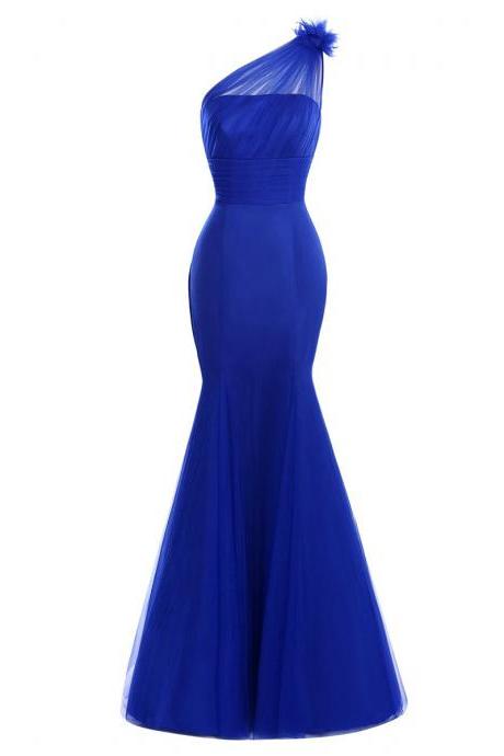 Asymmetric One Shoulder Fur Long Prom Dress, Chic Royal Blue Fit And Flare Prom Dress, Ruched Floor Length Tulle Prom Dress, #020102685