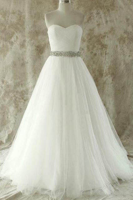 Sumptuous Sweetheart A-line Long Wedding Dress, White Floor Length Sweep Train Bridal Gown, Elegant Crystal Beaded Tulle Wedding Dress, #00020609