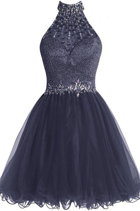 Short Tulle A-Line Homecoming Dress Featuring Crystal and Beaded Embellished High Neck Halter Bodice and Open Back