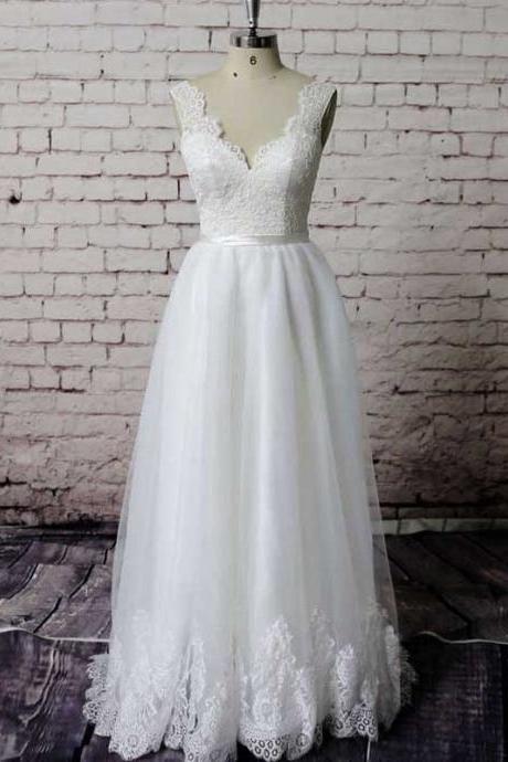 Scalloped V-neck Lace Appliques Organza Wedding Dress, Sexy Open Back Sash Long Bridal Gown, White A-line Sweep Train Wedding Dress, #00021229