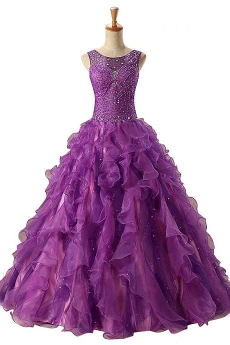Bateau Neck Illusion Beaded Long Prom Dress, Purple Cascading Ruffles Ball Gown Prom Dress, Modern Lace-up Organza Prom Dress, #020102691