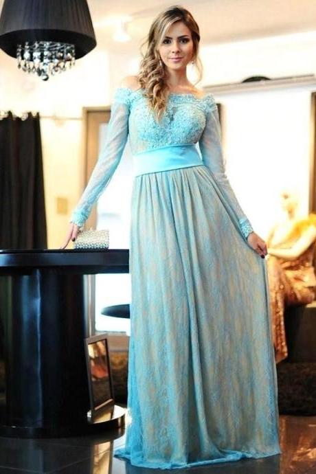 Vintage Off the Shoulder Ice Blue Long Prom Dress, Long Sleeved Lace Prom Dress, Floor Length Prom Dress with Lace Appliques and Ribbon, #020102460