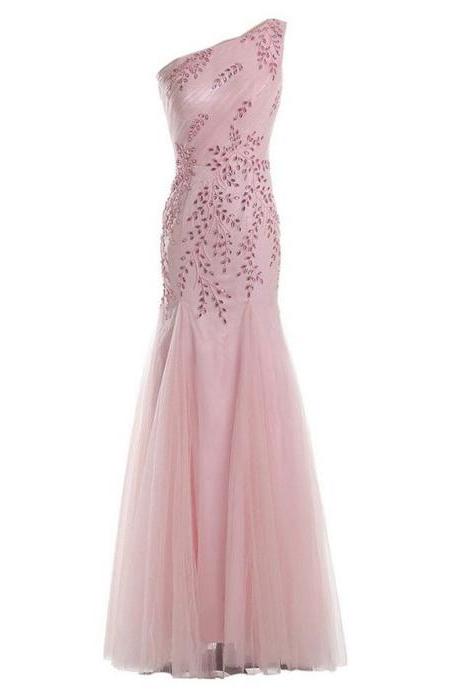 Baby Pink Tulle Floor Length Trumpet Prom Dress Featuring Floral Embroidery and Beaded Embellishments One Shoulder Bodice 
