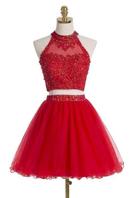 High Neck Red Homecoming Dress with Beads and Sequins, Short Homecoming Dress with Key Hole Back, Two Piece Tulle Homecoming Dress, #020102432