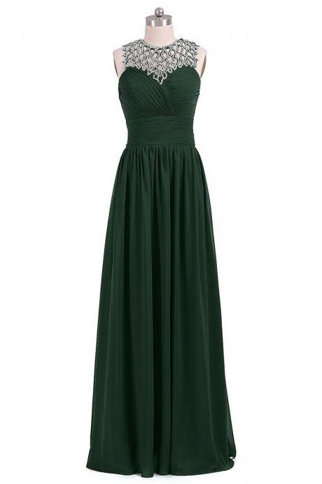 Forest Green Long Chiffon A-Line Pleated Prom Dress Featuring Jewelled Neck Ruched Sweetheart Bodice and Open Back Detailing 