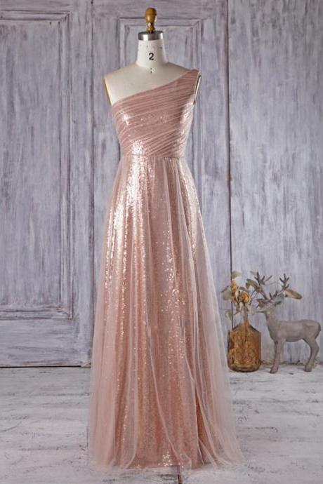Sparkly Rose Golden Bridesmaid Dresses, Unique One Shoulder Bridesmaid Gowns, Asymmetric A-line Tulle Long Bridesmaid Dress, #01012934