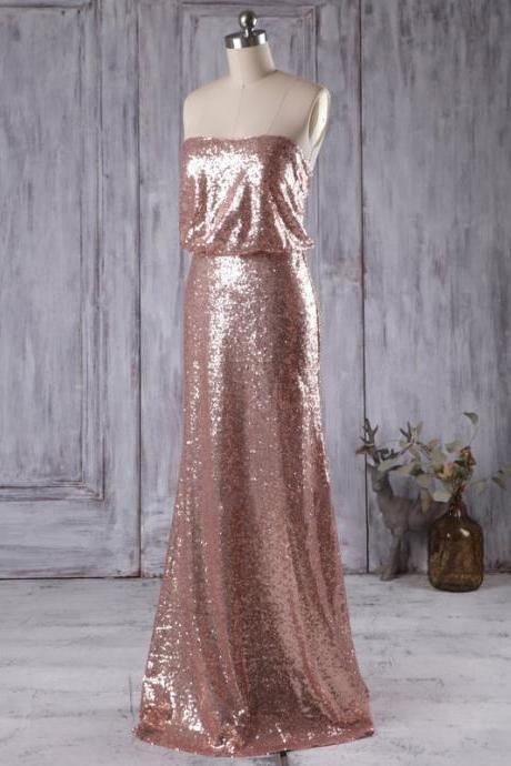 Sparkly Rose Golden Bridesmaid Gowns, Stunning Sequined Column Bridesmaid Dress, Floor-length Strapless Bridesmaid Dresses, #01012935