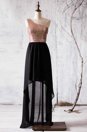 Black Bridesmaid Dress with Gold Sequin One Shoulder Bodice and High Low Chiffon Skirt