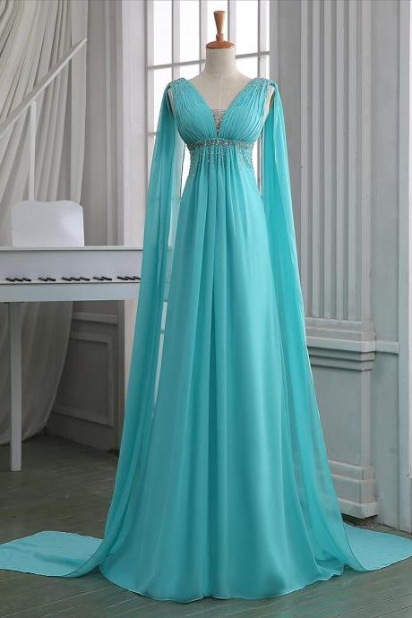 Sequins Ruched V Neck Empire Prom Dress, Turquoise Floor Length Sweep Train Prom Dress, Unique Lace-up Long Chiffon Prom Dress, #020102701