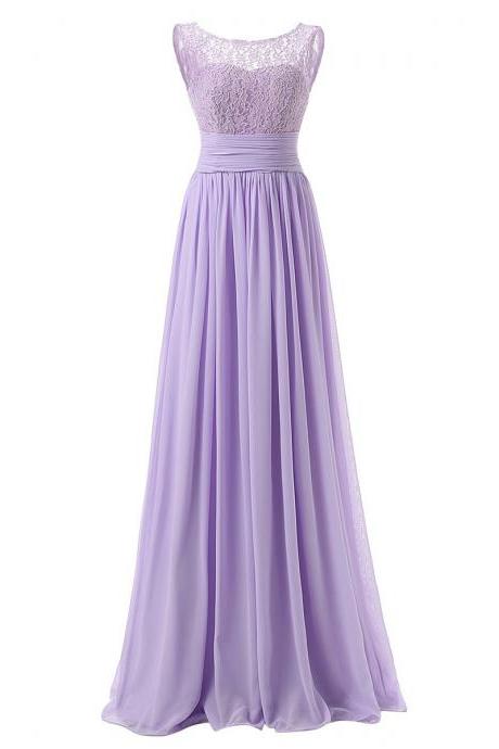 Lavender Floor Length Chiffon A-Line Ruffle Bridesmaid Dress Featuring Lace Sleeveless Bateau Neckline and Ruched Belt