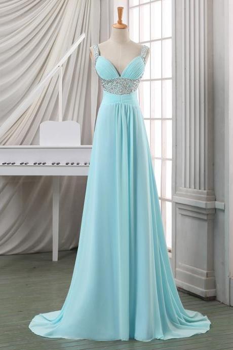 Beaded Sequins Straps Ruched A-line Prom Dress, Lace-up Baby Blue Chiffon Prom Dress, Trendy Long Sweep Train Prom Dress, #020102702