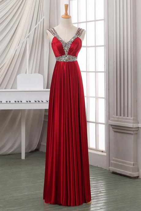 Beaded Straps Red Satin Long Prom Dress, V Neck Sheath Floor Length Prom Dress, Elegant Crystal Sequins Pleats Prom Dress, #020102704