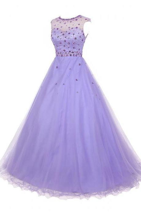Crystal Jewel Neck Illusion Cap Sleeves Prom Dress, Beaded A-line Long Prom Dress, Lilac Key Hole Back Tulle Prom Dress, #020102714