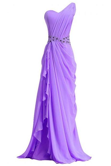 Purple Chiffon Floor Length Ruffle Prom Dress Featuring Ruched One Shoulder Bodice with Black Bead Work and Crystal Embellishment Belt 