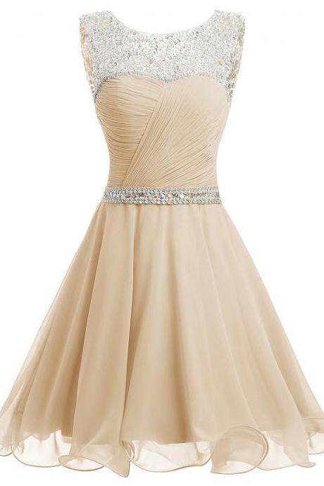 Bateau Neck Beaded Tulle Illusion Prom Dress, Sequined Belt Ivory Blue Short Prom Dress, Open Back Mini Chiffon Prom Dress, #020102720