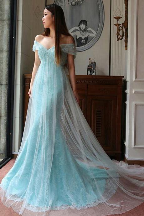 Light Blue Off the Shoulder Long Prom Dress, Cowl Back Sweep Train Lace Prom Dress, Lace Appliques Trumpet Tulle Prom Dress, #020102722