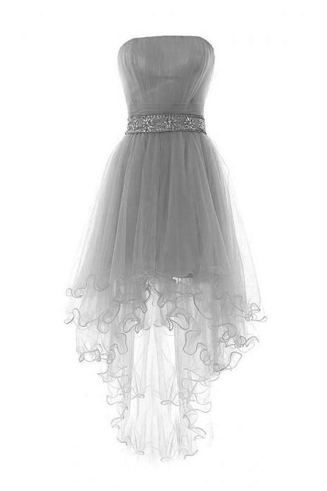 Custom Made Bandeau Neckline Tulle Formal High Low Evening Dress, Prom Dresses, Wedding Dress with Crystal Beading Waistline 