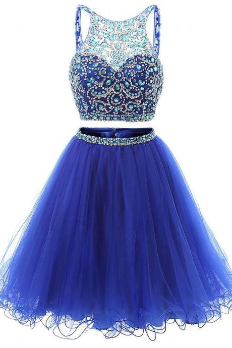 Royal Blue Crystals and Sequins Embellished Short Two-Piece Homecoming Dress Featuring Halter Illusion Cropped Bodice, Open Back and Tulle Skirt