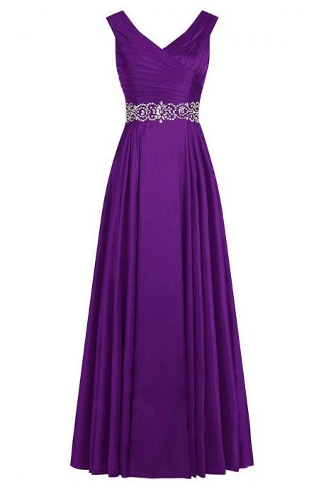 Purple Long Satin A-Line Pleated Evening Dress Featuring Plunge V Ruched Bodice and Crystal Bead Work 