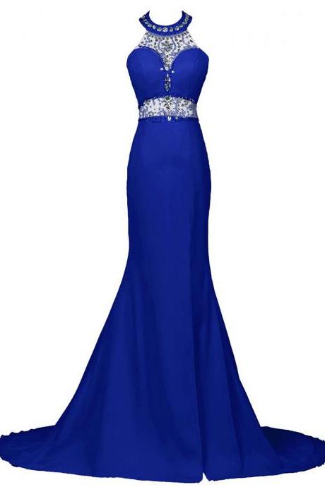 Royal Blue Floor Length Chiffon Trumpet Prom Dress Featuring Beaded Embellished High Neck Halter Bodice and Open Back 