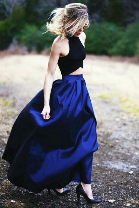 High Neck Halter Two Piece Long Prom Dress, Floor Length Pleats Satin Prom Dress, Black and Royal Blue Crop Top Prom Dress, #020102737