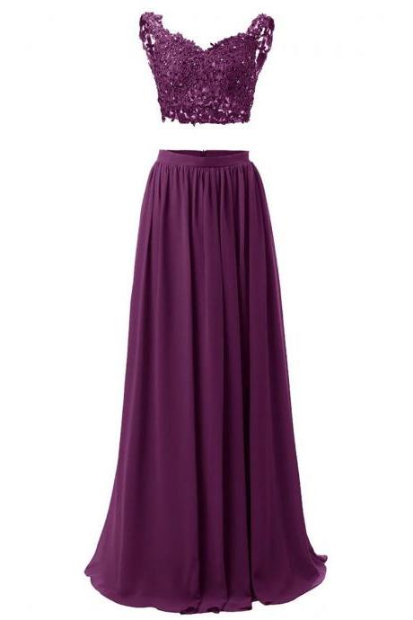 Floor Length Two-Piece Dress Featuring Chiffon A-Line Skirt and Lace Appliqués Strappy Sweetheart Bodice 