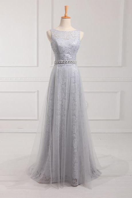 Attractive Bateau Neck A-line Long Tulle Prom Dress, Light Gray Crystal Belt Prom Dress, Beads Lace Sweep Train Prom Dress, #020102739