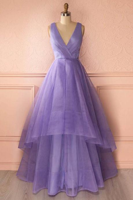 Unique Deep V Neck Floor Length Prom Dress, Lavender Organza Princess Long Prom Dress, Asymmetric Tiered Pleats Prom Dress, #020102740