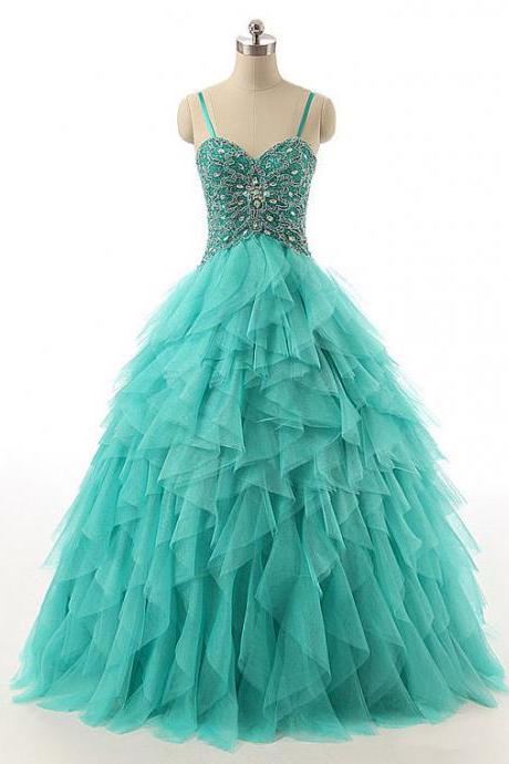 Spaghetti Straps Lace-up Beaded Long Prom Dress, Crystal Turquoise Ball Gown Prom Dress, Cascading Ruffles Tulle Prom Dress, #020102741