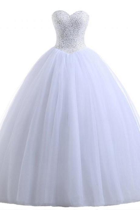 Sweetheart Ball Gown Wedding Dresses, Classic Tulle Floor-length Bridal Gowns with Lace-up Back, Beaded Princess Wedding Dresses, #00022551