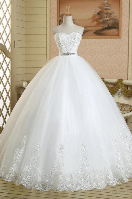 White Lace Appliqués Tulle Wedding Gown Featuring Beaded Lace Adorned Sweetheart Bodice, Beaded Belt and Lace-Up Back 