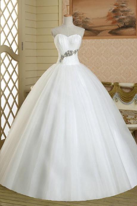 Gorgeous Pure White Ball Gown Wedding Dress, Floor Length Beaded Tulle Bridal Gown, Sweetheart Crystal Detailing Lace-up Wedding Dress, #00022581