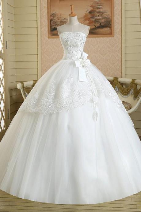 Dream Strapless Ball Gown Wedding Dress, Unique Pearl Flowers Floor Length Wedding Dress, Sequins Lace Appliques Long Wedding Dress, #00022583