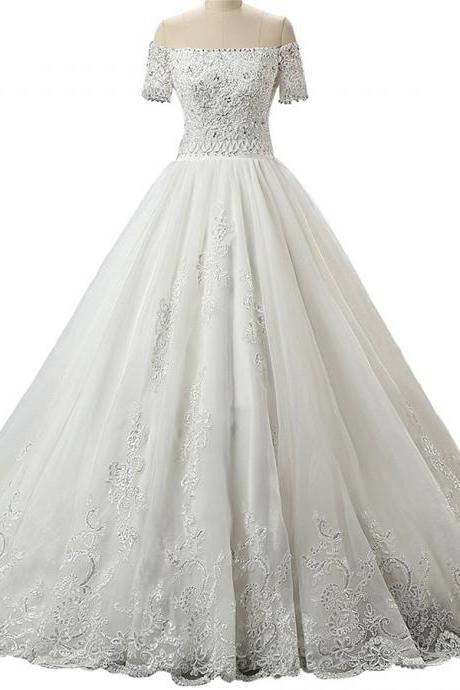 Off-the-shoulder Beaded Lace Appliqué Wedding Dress with Court Train