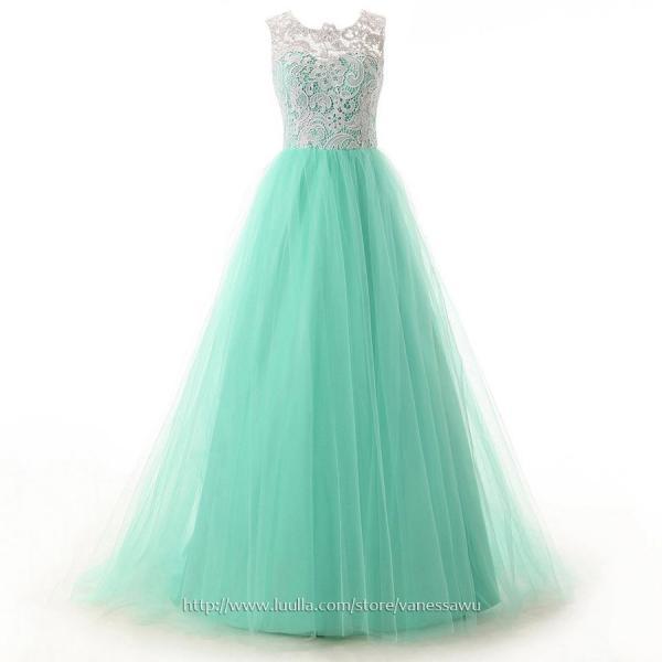 Long Prom Dresses,A-line Scoop Neck Lace Formal Dresses,Sweep Train Tulle Evening Dresses with Ruffle Buttons,#020101174