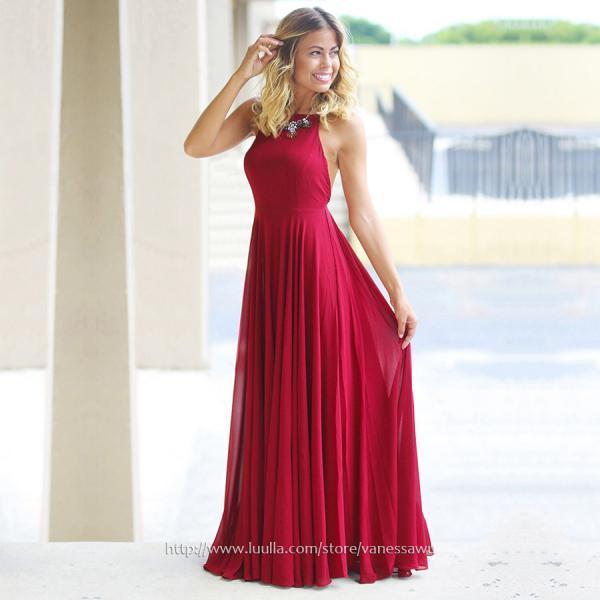 Long Prom Dresses,Red A-line Scoop Neck Formal Dresses,Simple Chiffon Evening Dresses with Ruffle,#020105315