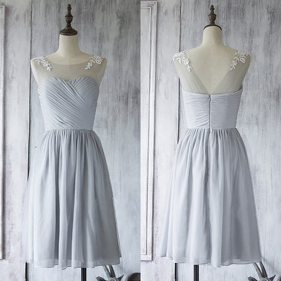 Illusion Short Bridesmaid Dress, Light Gray Bridesmaid Gown With Lace ...