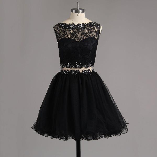 Bateau Neck Black Beaded Homecoming Dress, Illusion Two Piece Tulle ...