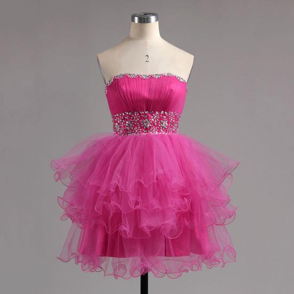 Strapless Pink Homecoming Dress With Beaded Belt, Empire Tulle Lace-up ...