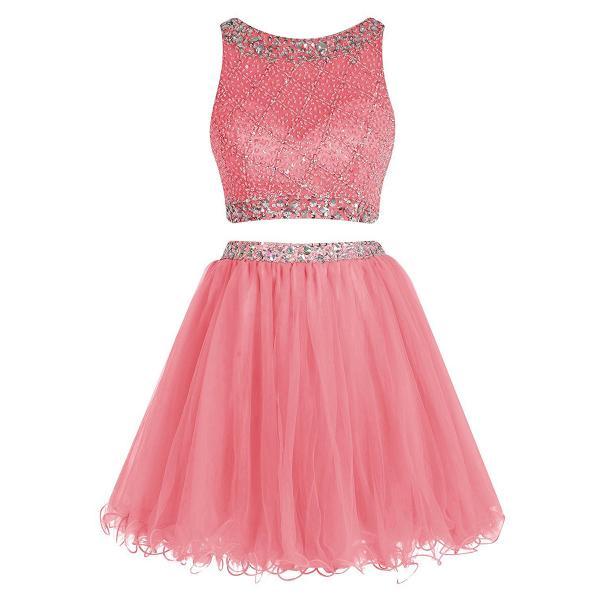 Bateau Neck Illusion Pink Short Prom Dress, Crystal Beaded Two Piece ...