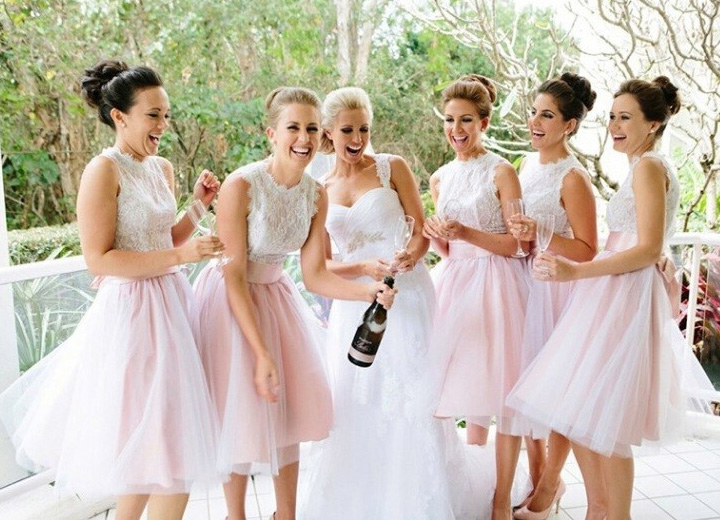 Two Toned Lace Bridesmaid Dress Scalloped Neck Two Toned Lace Bridesmaid Dress Scalloped Neck With A Self Tie Sash White And Pink Tulle Short 01012767