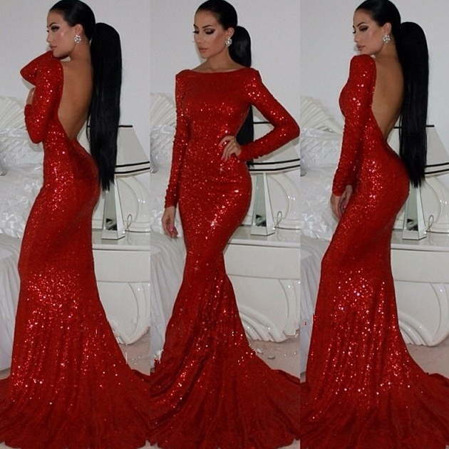 Mermaid Hot Red Prom Dress, Long Sleeve Backless Prom Dress With ...