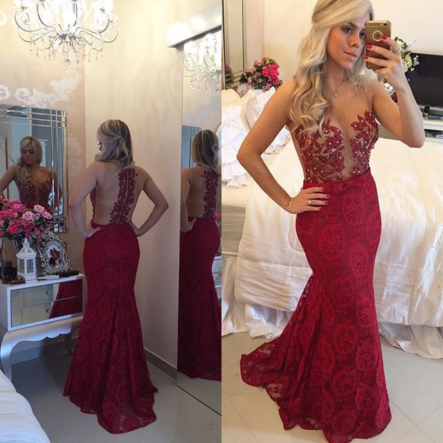 Trendy See-through Prom Dresses, Mermaid Red Lace Prom Dress, Illusion ...
