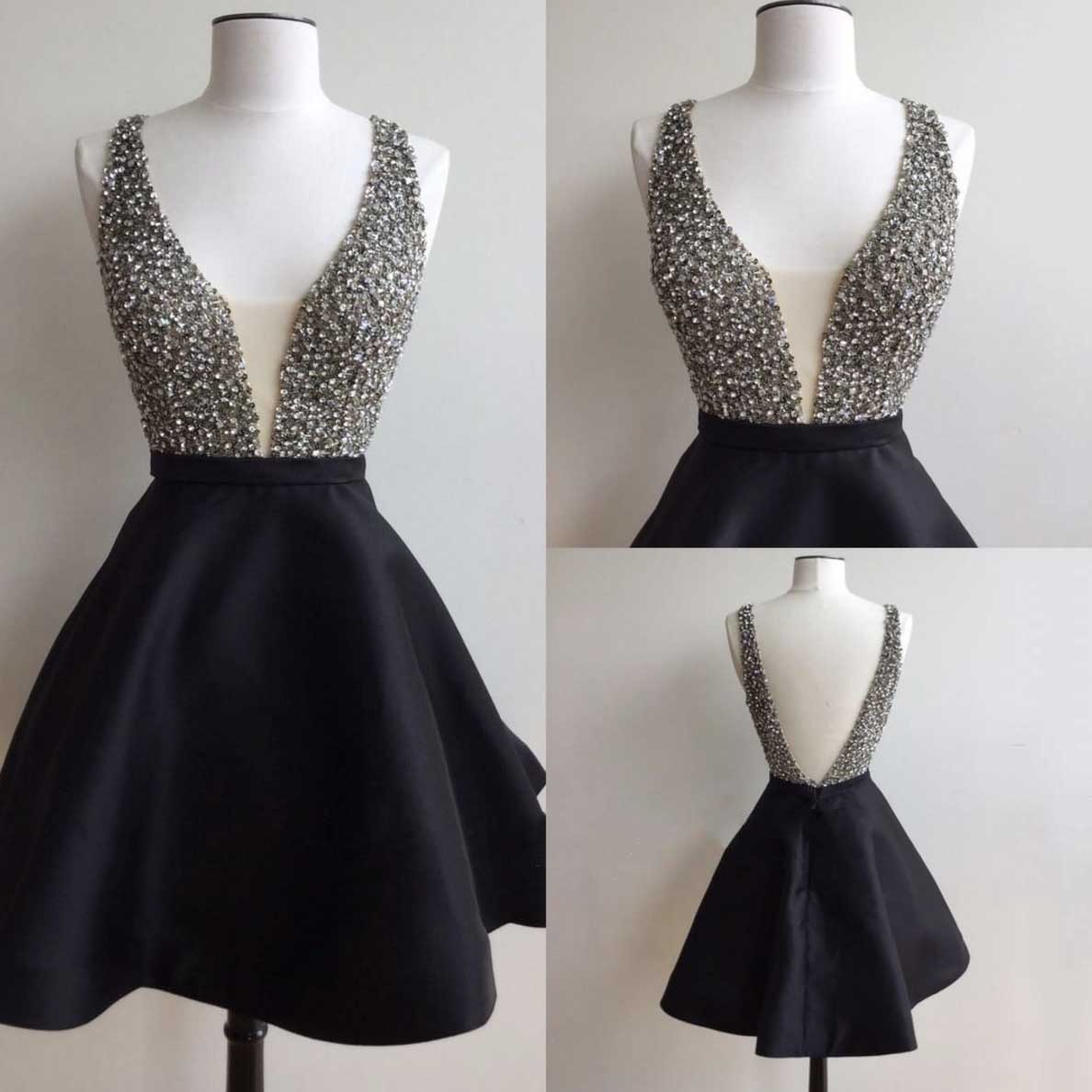 Sexy Deep V-Neck Homecoming Dress, Crystal Mini Black Homecoming Dress ...