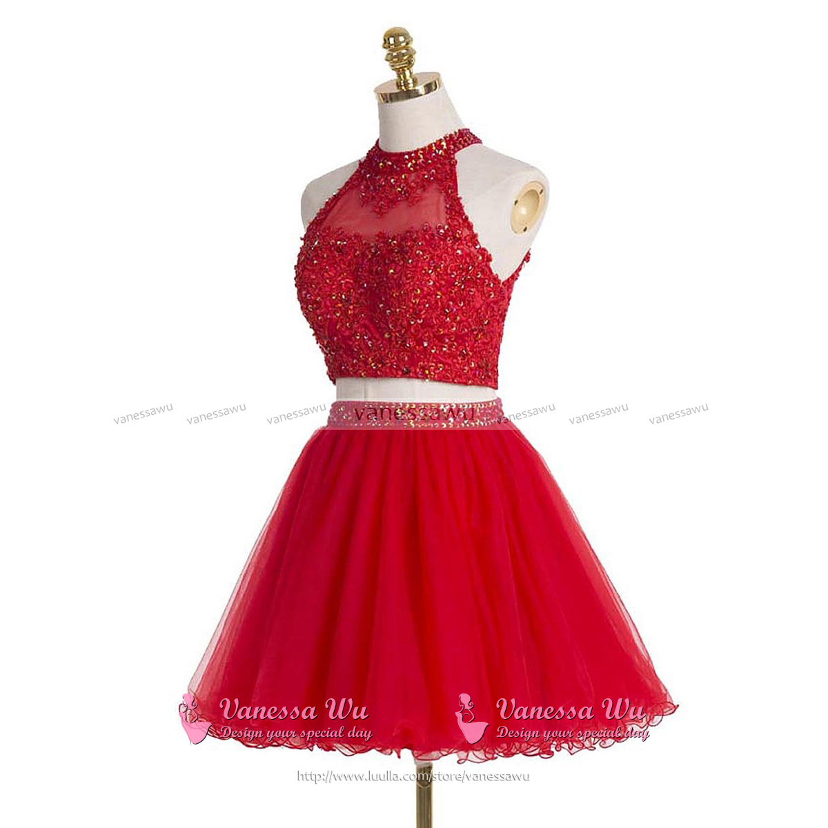 High Neck Red Homecoming Dress With Beads And Sequins, Short Homecoming ...