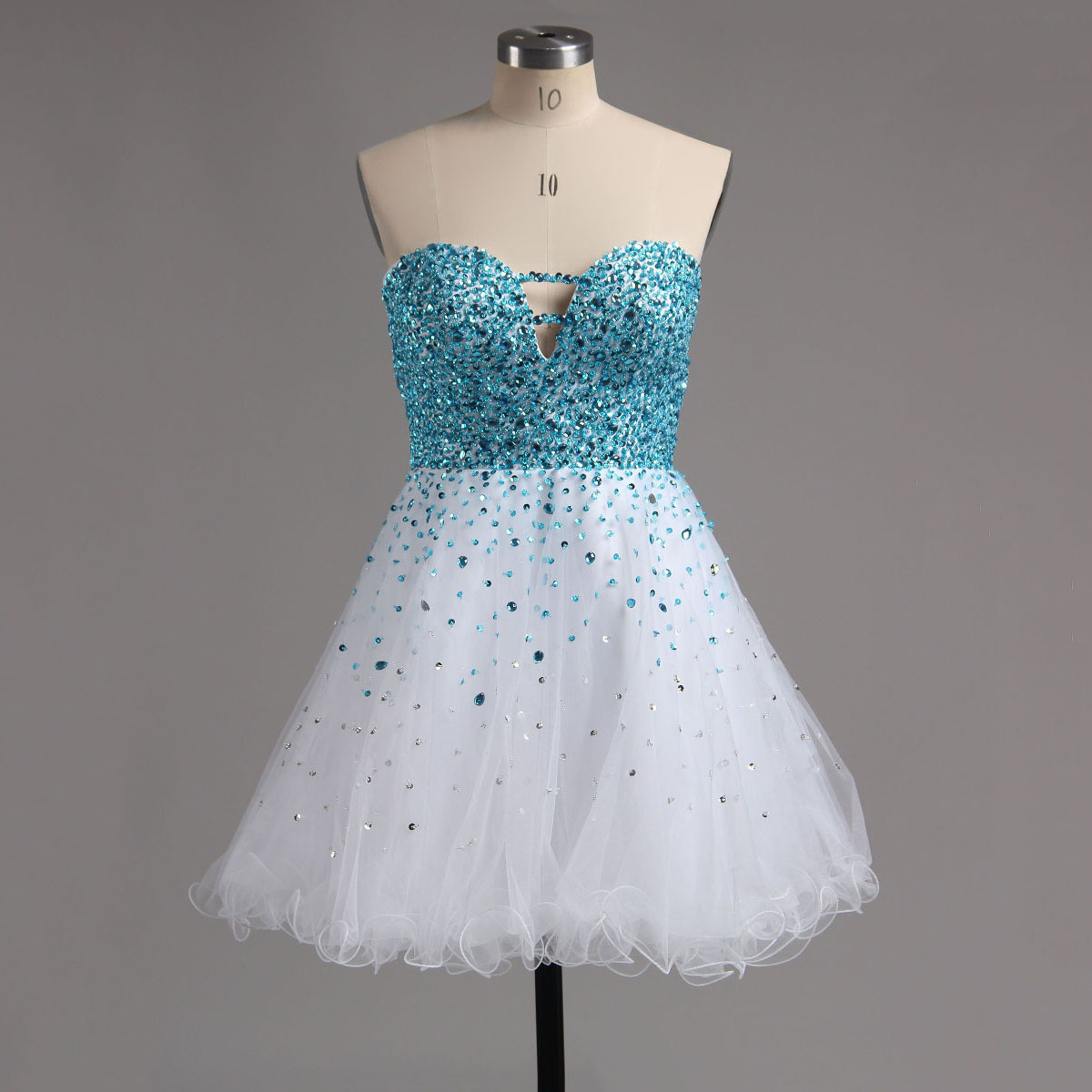 Princess Sweetheart White Homecoming Dress, Sparkling Blue Beaded Mini ...