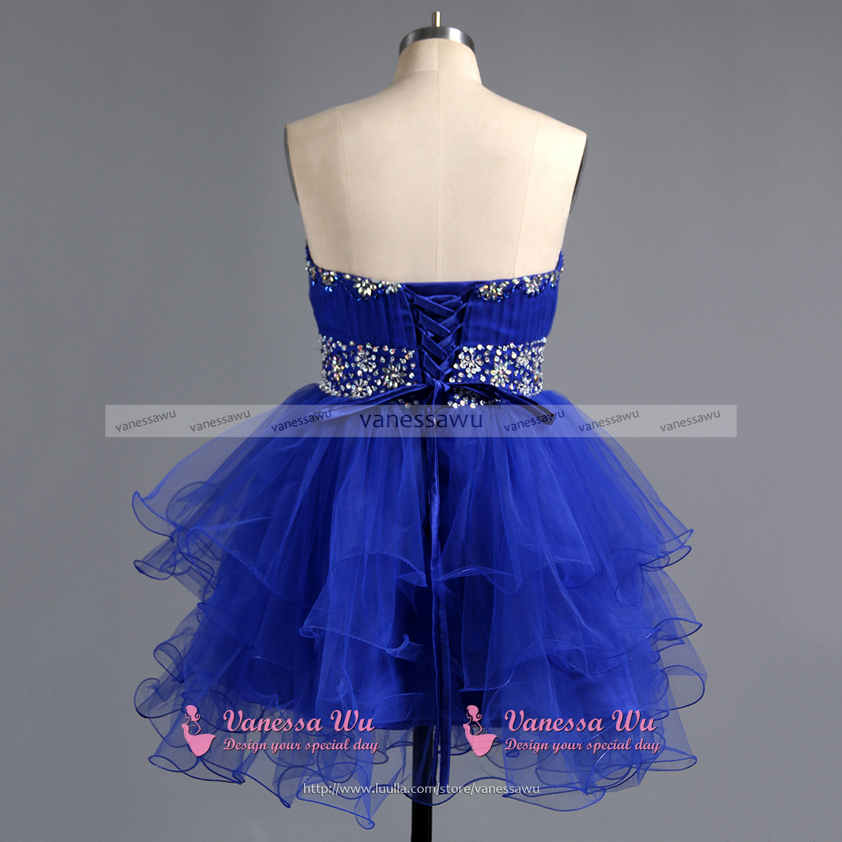 Strapless Pink Dress With Beaded Belt, Empire Tulle Laceup