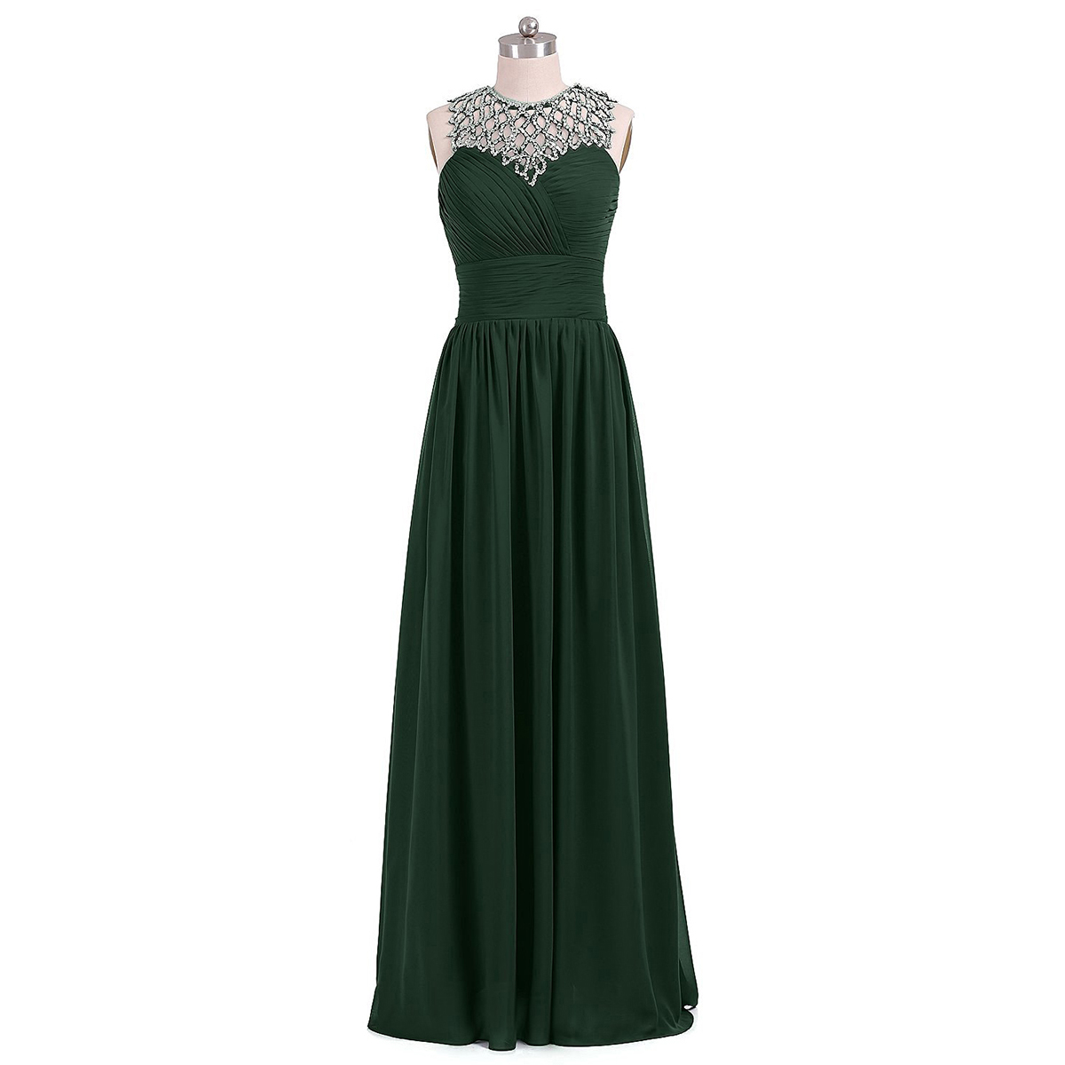 Forest Green Long Chiffon A-Line Pleated Prom Dress Featuring Jewelled ...