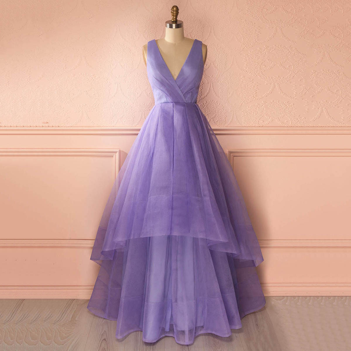 Unique Deep V Neck Floor Length Prom Dress, Lavender Organza Princess ...